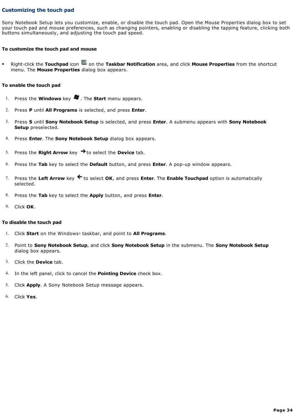 Customizing the touch pad | Sony VGN-A190 User Manual | Page 34 / 315