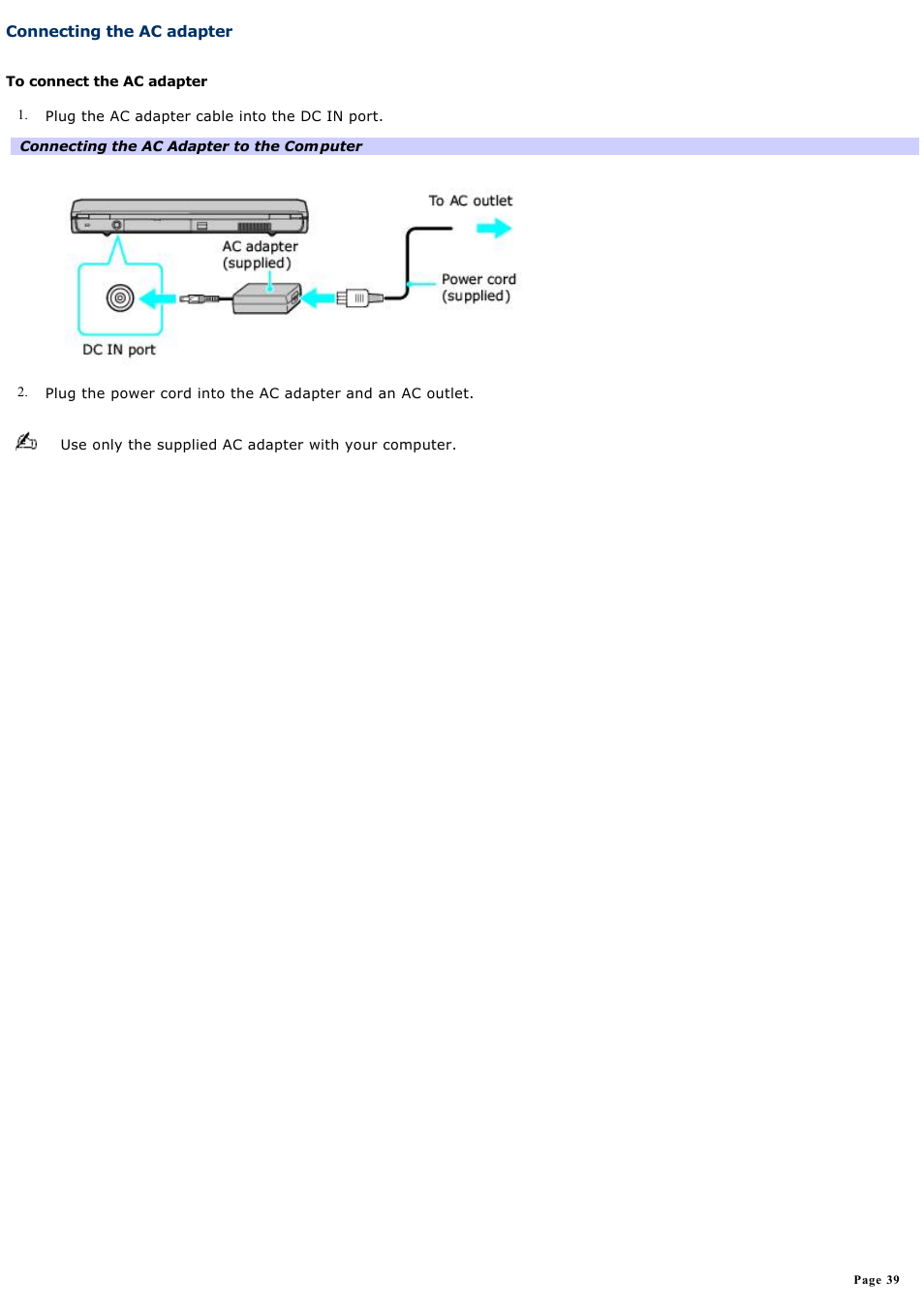 Connecting the ac adapter | Sony VGN-A190 User Manual | Page 39 / 315