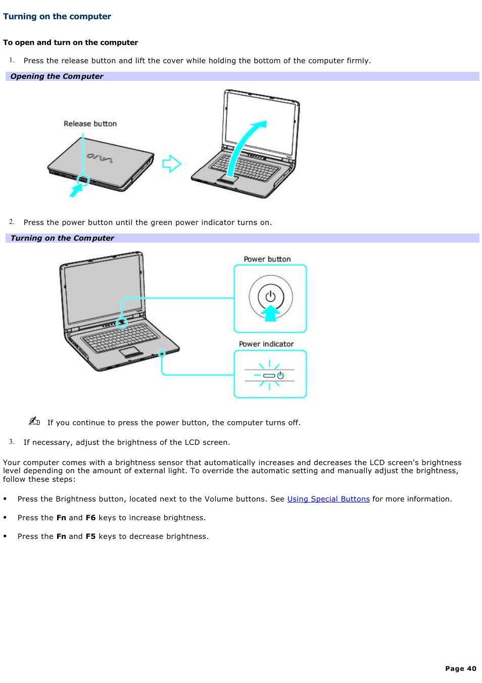 Turning on the computer | Sony VGN-A190 User Manual | Page 40 / 315