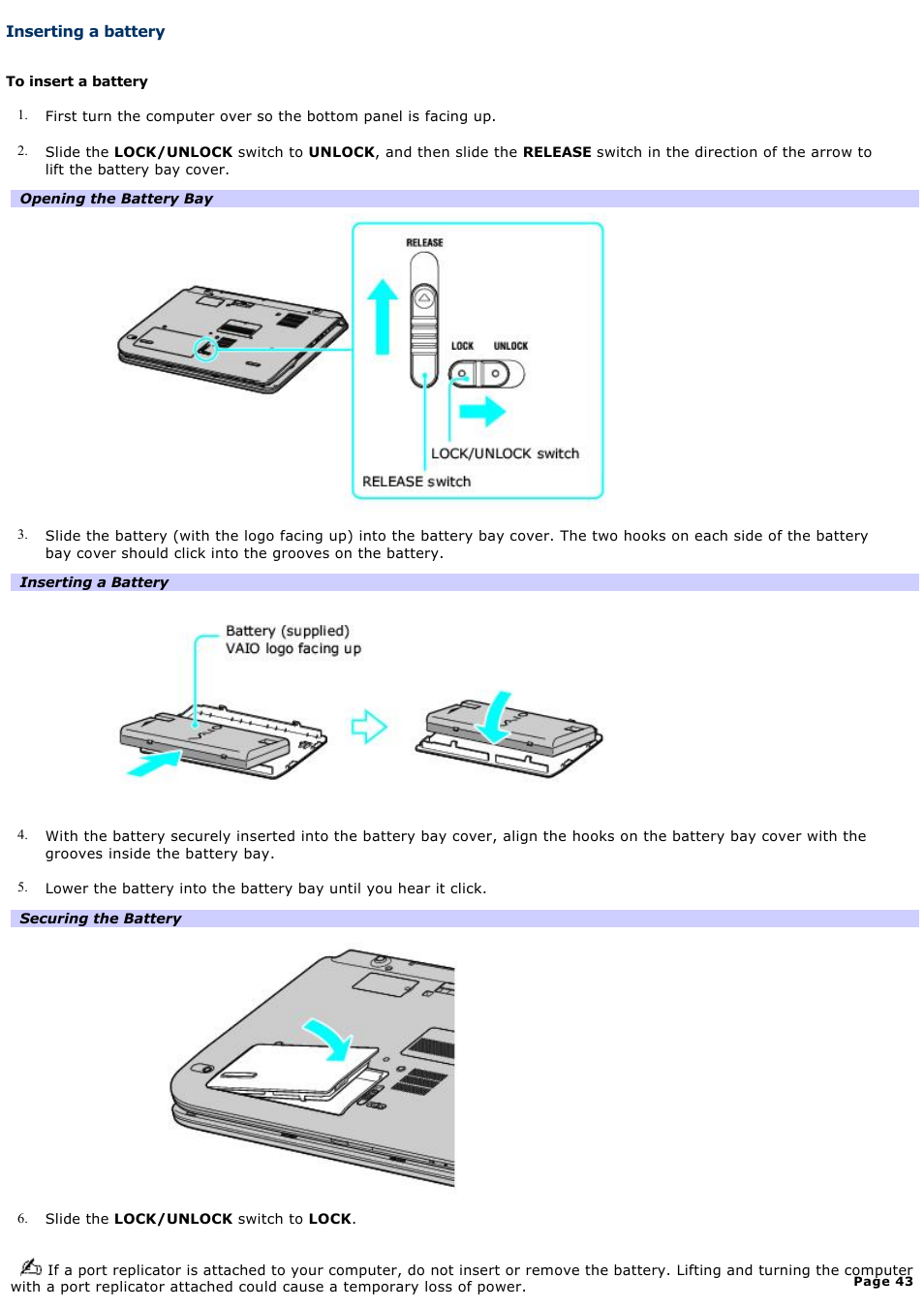 Inserting a battery | Sony VGN-A190 User Manual | Page 43 / 315