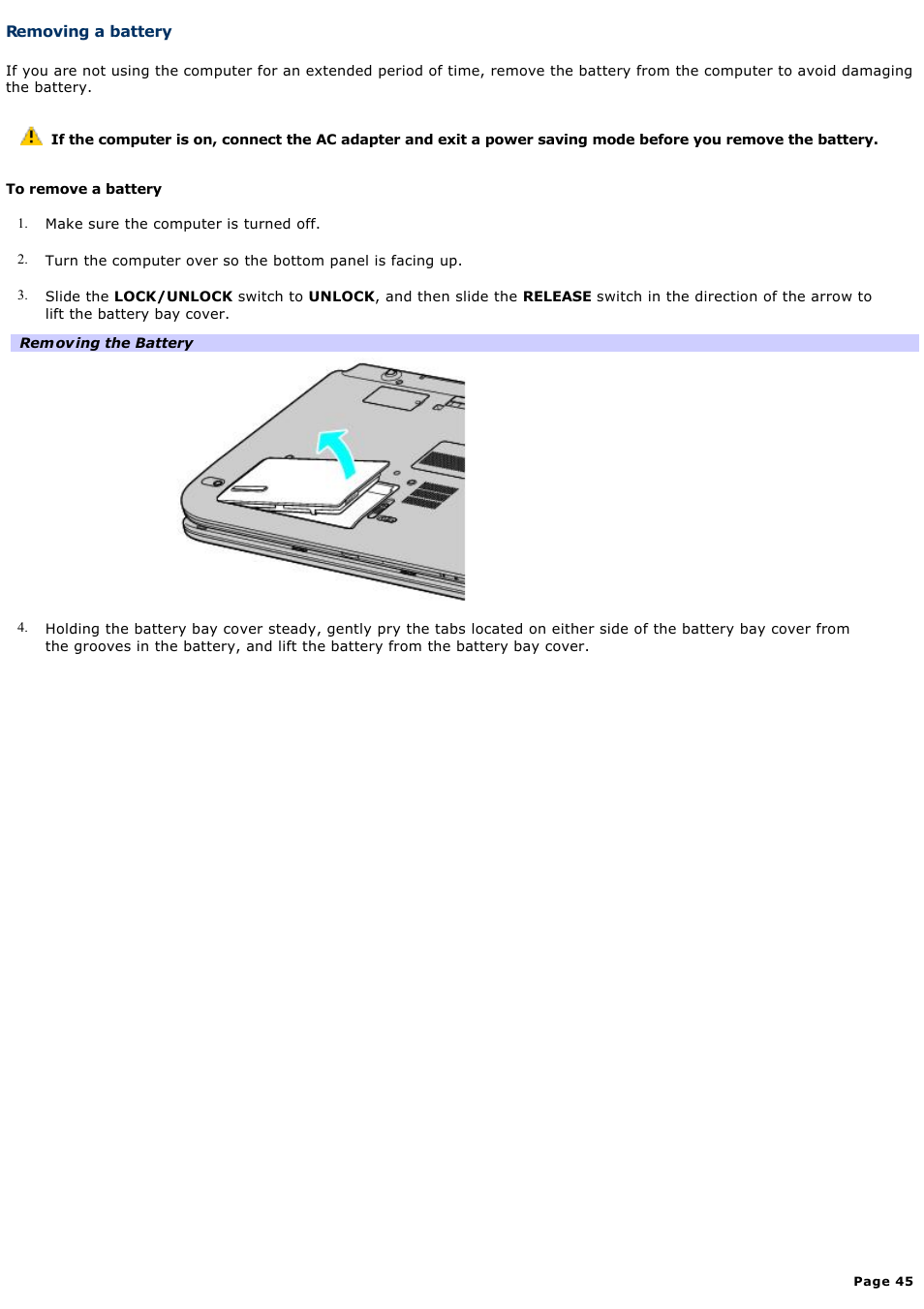 Removing a battery | Sony VGN-A190 User Manual | Page 45 / 315