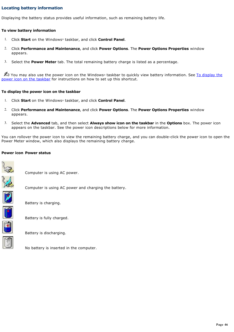 Locating battery information | Sony VGN-A190 User Manual | Page 46 / 315