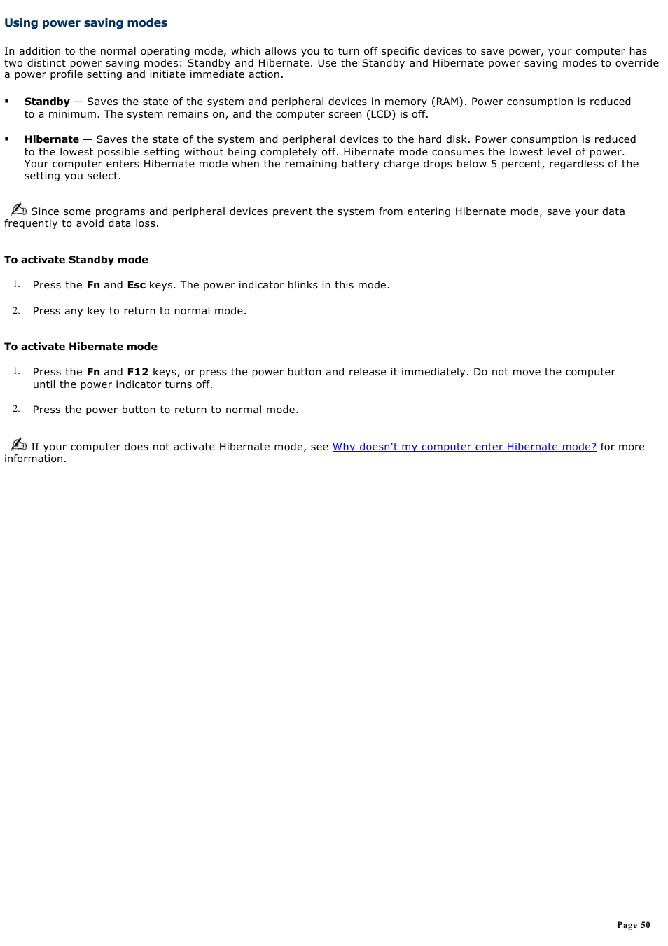 Using power saving modes | Sony VGN-A190 User Manual | Page 50 / 315