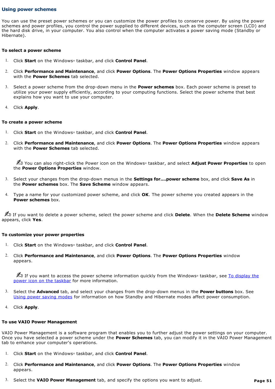 Using power schemes | Sony VGN-A190 User Manual | Page 51 / 315