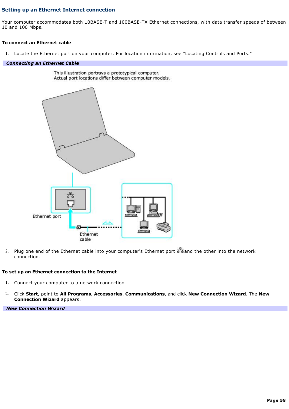 Setting up an ethernet internet connection | Sony VGN-A190 User Manual | Page 58 / 315