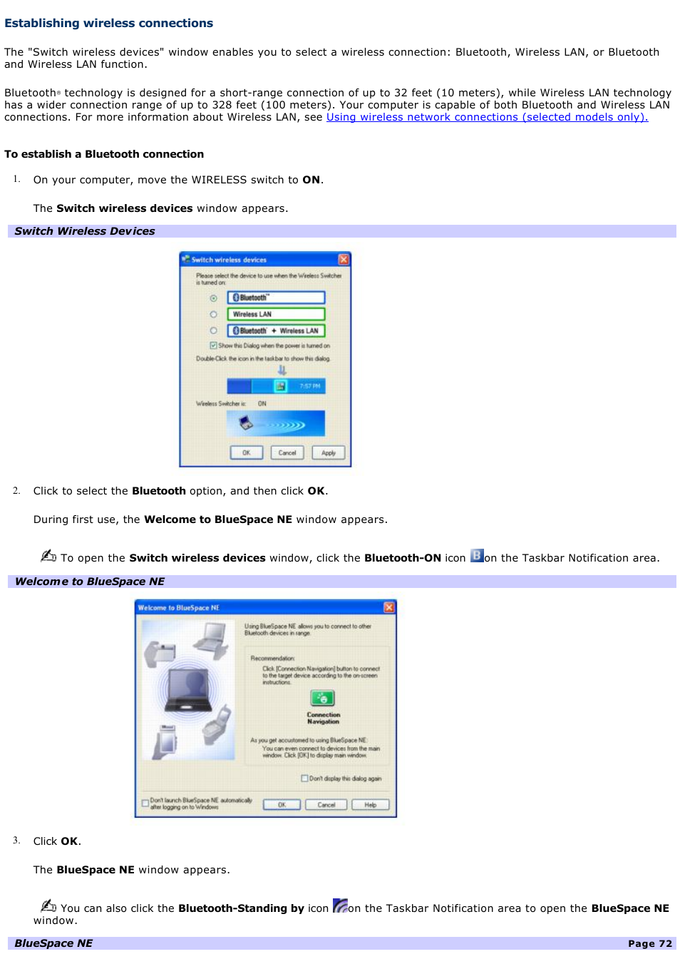 Establishing wireless connections | Sony VGN-A190 User Manual | Page 72 / 315
