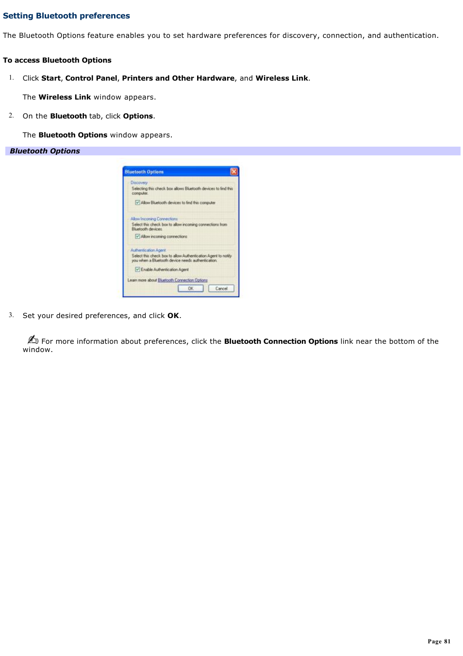 Setting bluetooth preferences | Sony VGN-A190 User Manual | Page 81 / 315