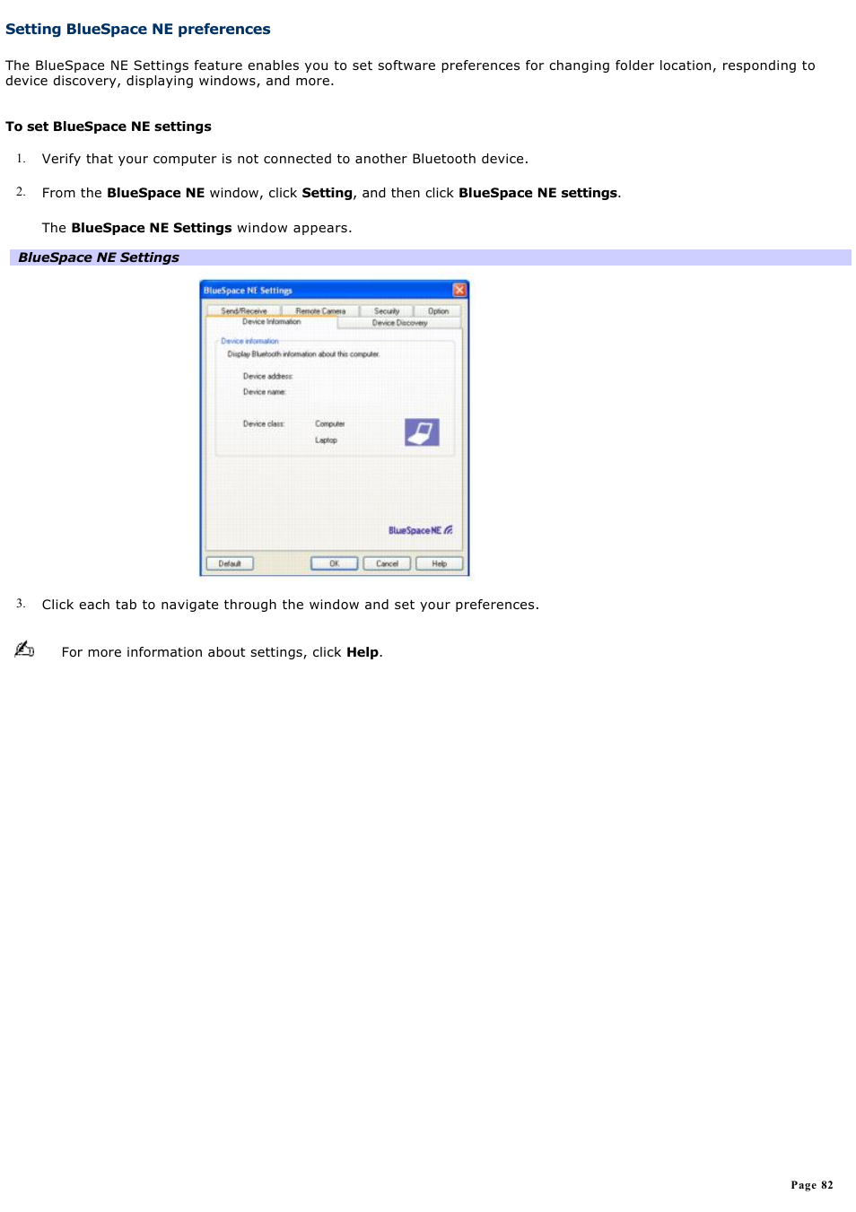 Setting bluespace ne preferences | Sony VGN-A190 User Manual | Page 82 / 315