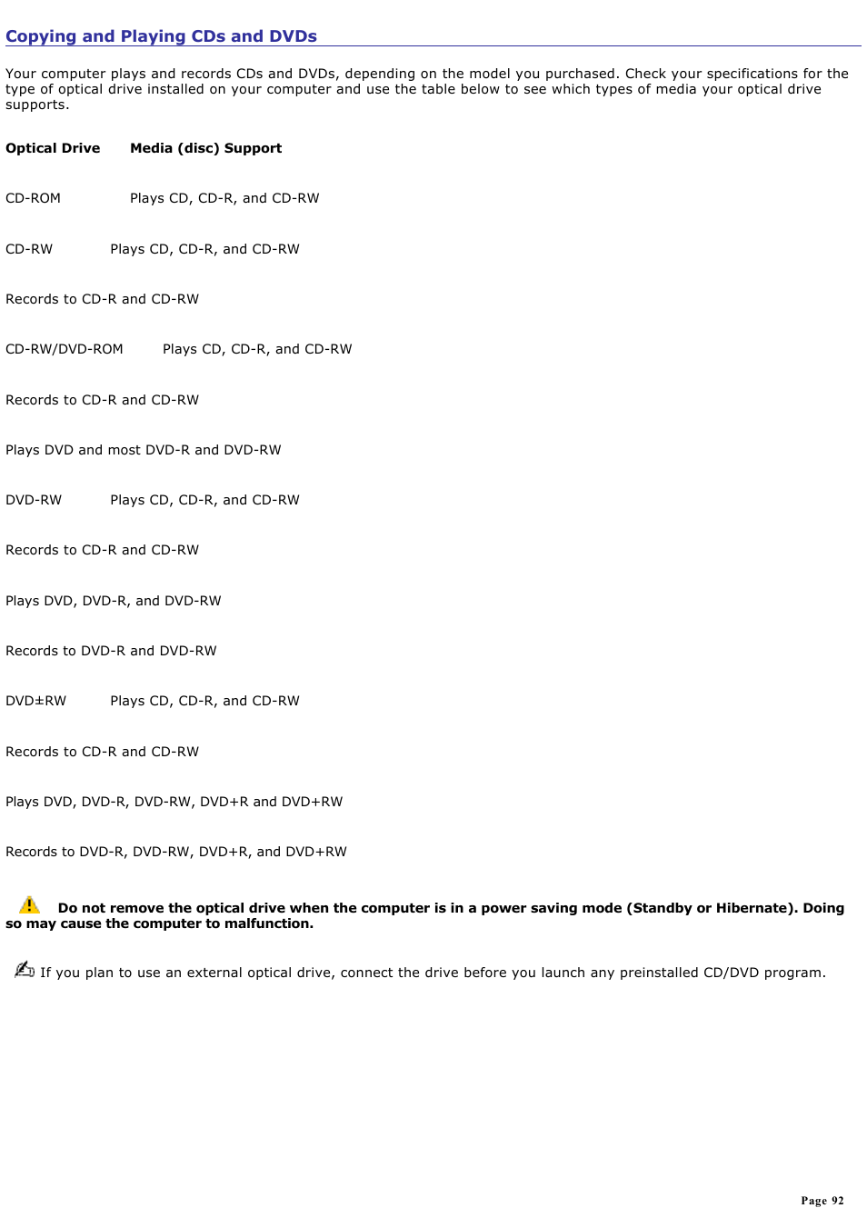 Copying and playing cds and dvds | Sony VGN-A190 User Manual | Page 92 / 315