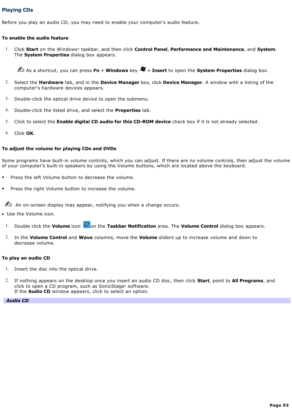 Playing cds | Sony VGN-A190 User Manual | Page 93 / 315