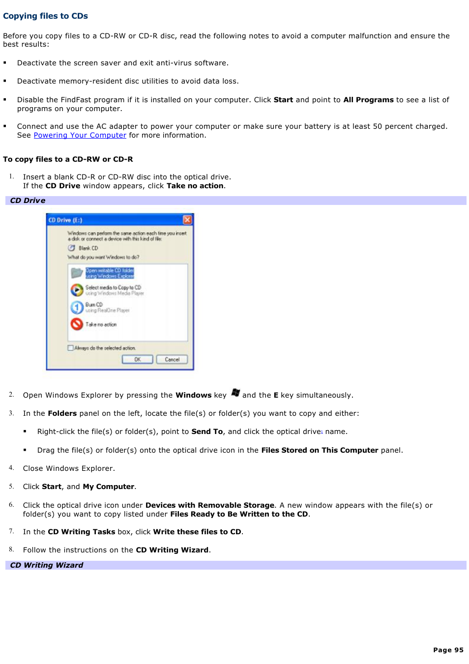 Copying files to cds | Sony VGN-A190 User Manual | Page 95 / 315