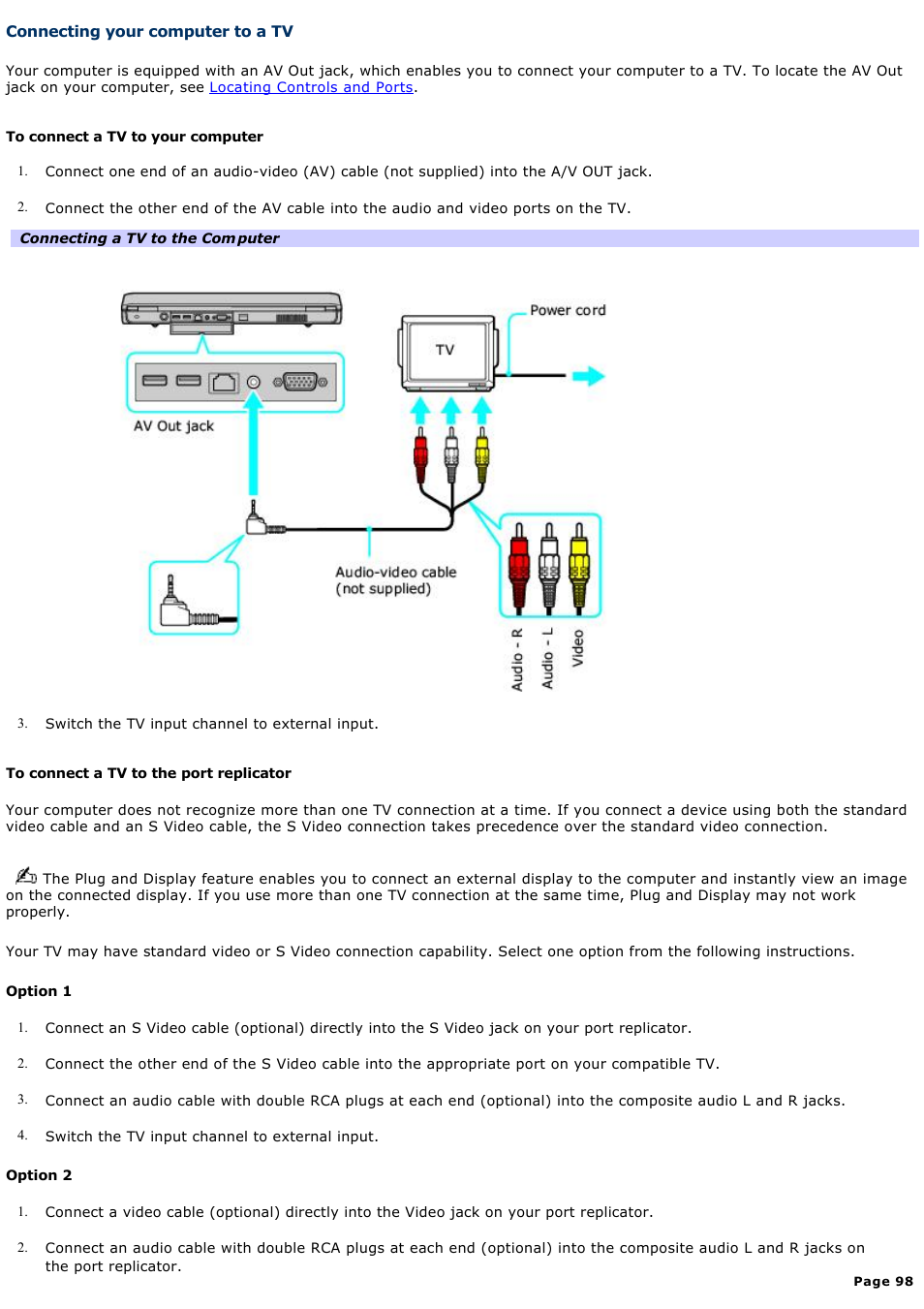 Connecting your computer to a tv | Sony VGN-A190 User Manual | Page 98 / 315