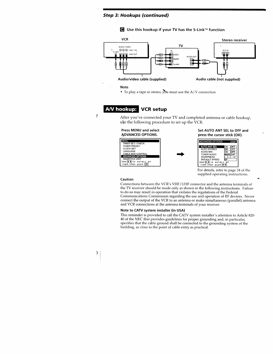 Aim hookup, Step 3: hookups (continued), Vcr setup | Sony SLV-M20HF User Manual | Page 10 / 52