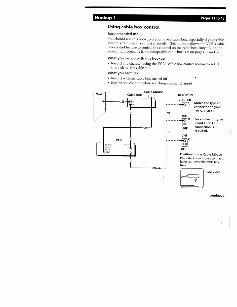 Hookup 1, Using cable box control | Sony SLV-M20HF User Manual | Page 11 / 52
