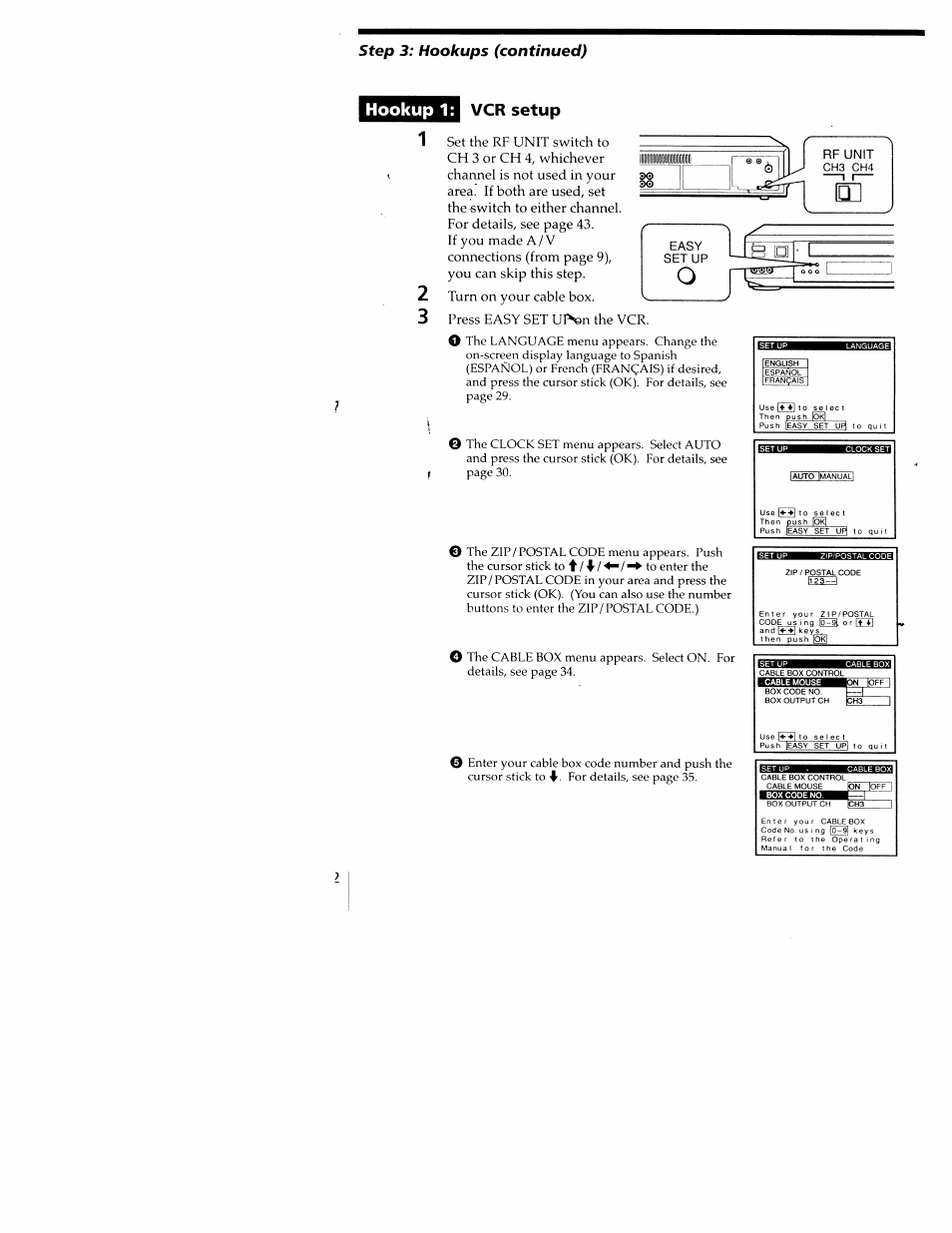 Hookup 1, Step 3: hookups (continued), Vcr setup | Sony SLV-M20HF User Manual | Page 12 / 52