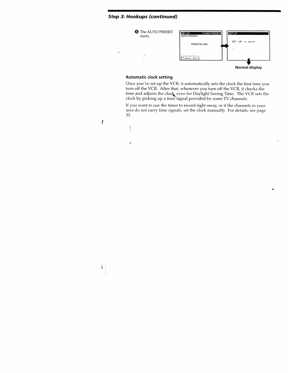 Automatic clock setting, Step, Hookups (continued) | Sony SLV-M20HF User Manual | Page 16 / 52