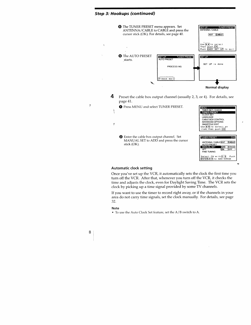 Automatic clock setting, Step 3: hookups (continued) | Sony SLV-M20HF User Manual | Page 28 / 52