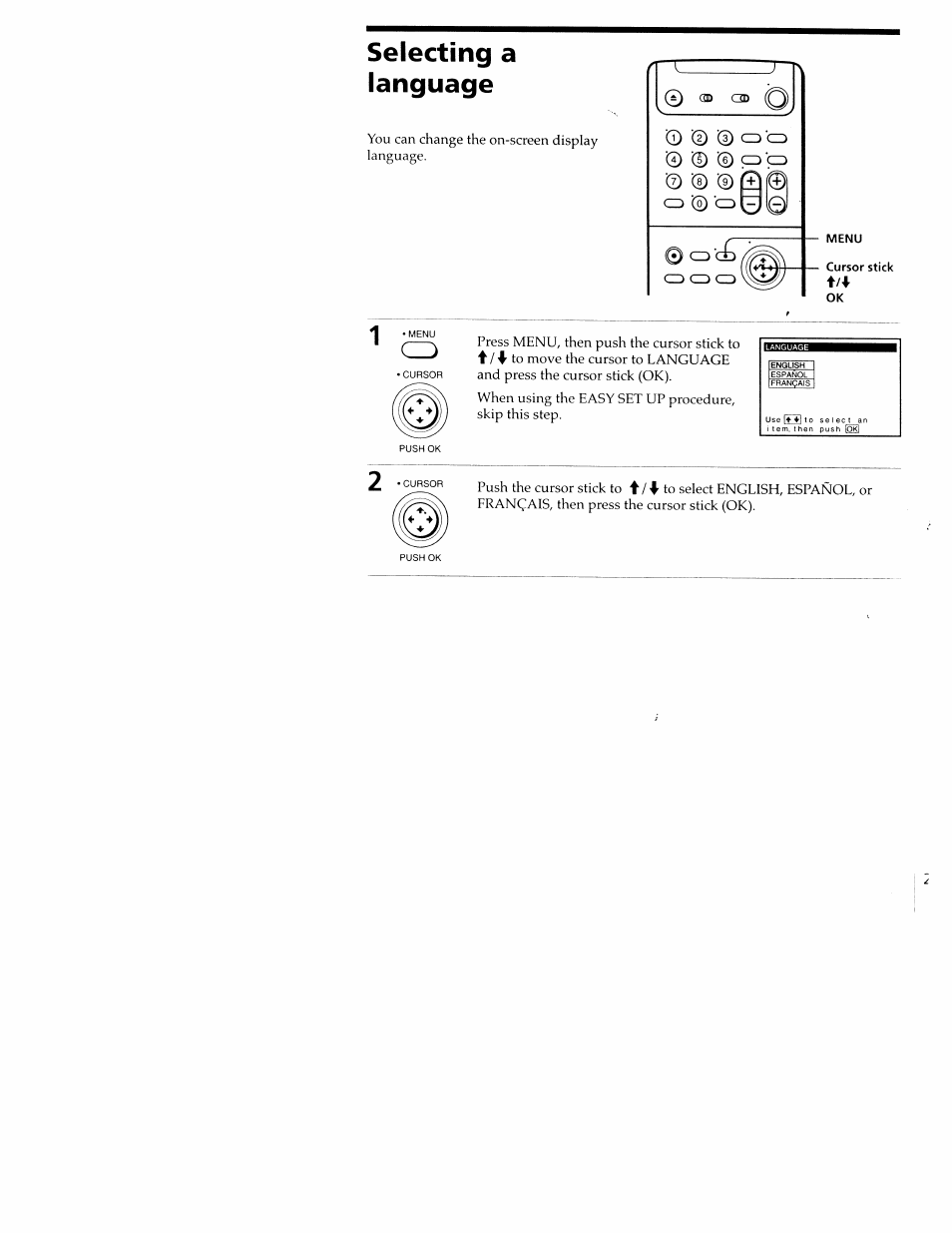 Selecting a language | Sony SLV-M20HF User Manual | Page 29 / 52