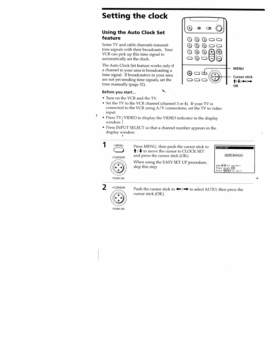 Setting the dock, Before you start, Using the auto clock set feature | Sony SLV-M20HF User Manual | Page 30 / 52