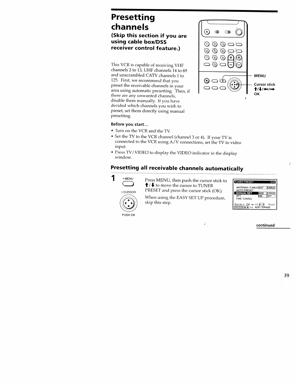 Presetting, Channels, Before you start | Presetting channels, J \ 1, Presetting all receivable channels automatically | Sony SLV-M20HF User Manual | Page 39 / 52