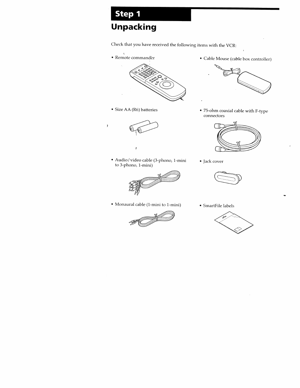 Unpacking, Step 1 unpacking | Sony SLV-M20HF User Manual | Page 4 / 52