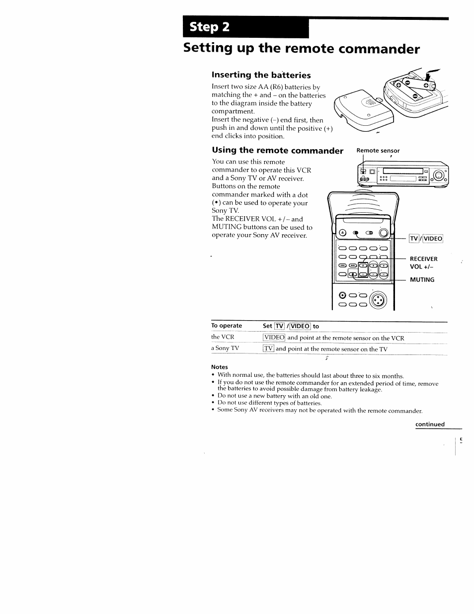 Setting up the remote commander, Step 2 setting up the remote commander | Sony SLV-M20HF User Manual | Page 5 / 52