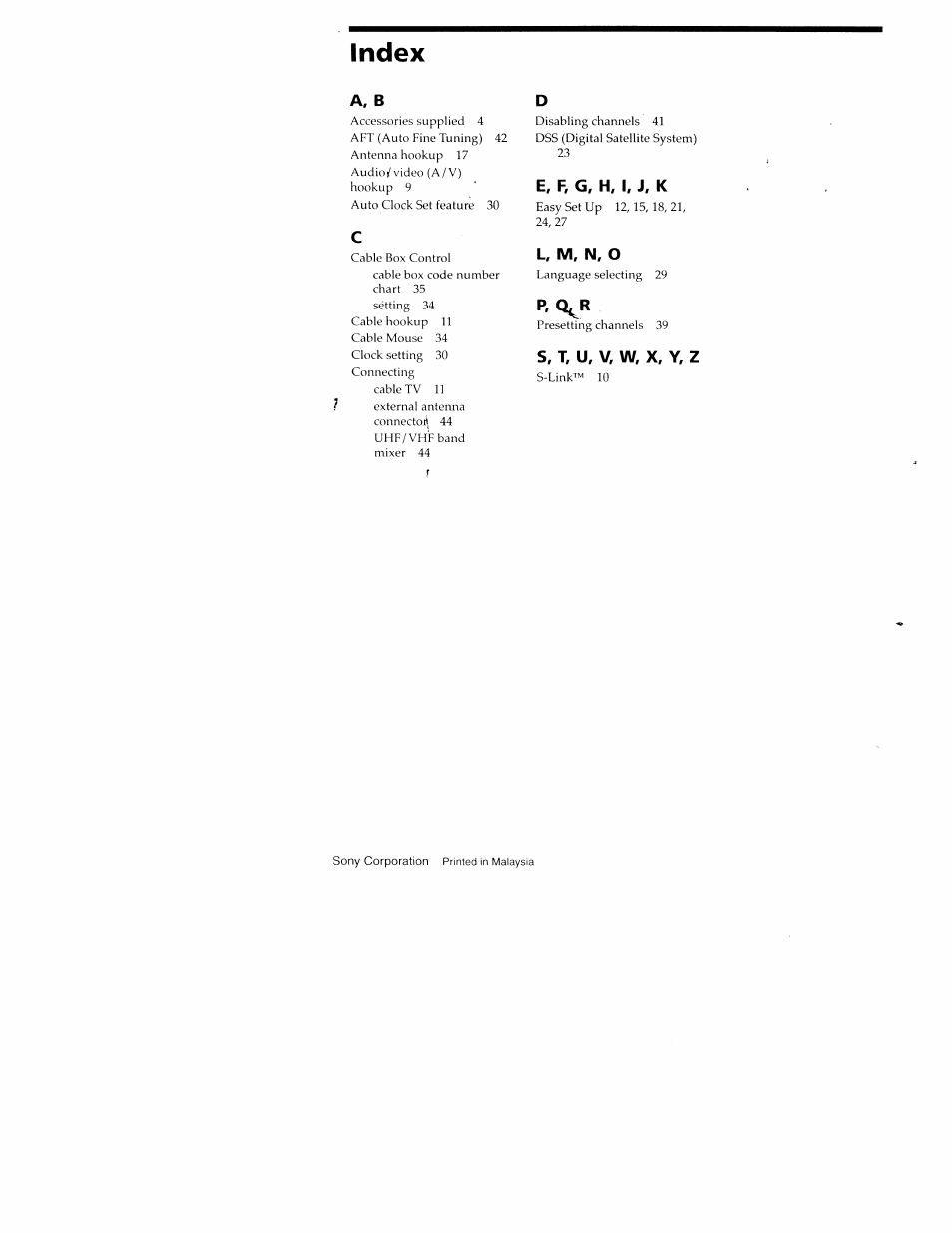 Index | Sony SLV-M20HF User Manual | Page 52 / 52