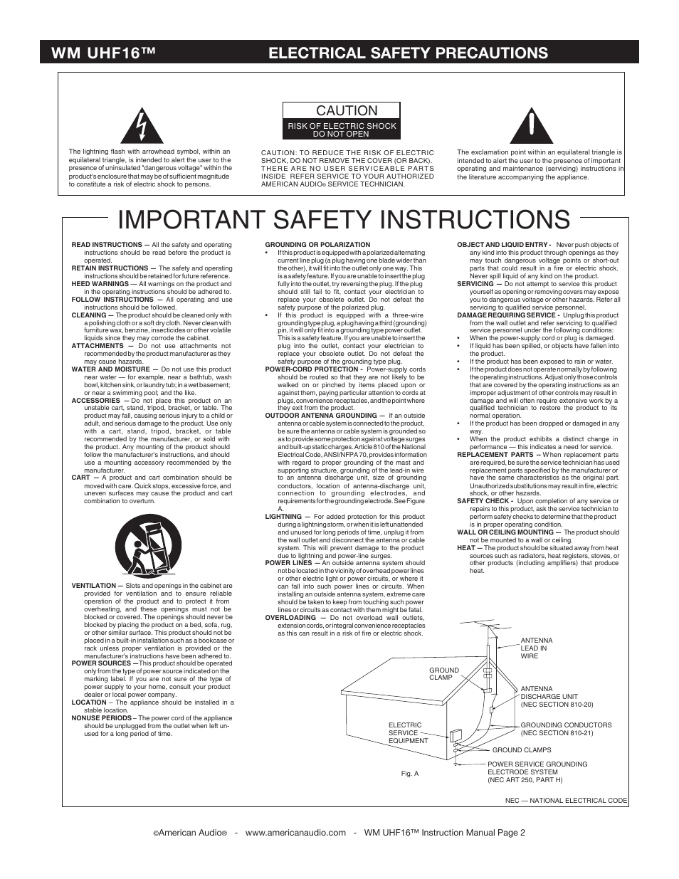 Important safety instructions, Wm uhf16™ electrical safety precautions, Caution | American Audio WM-UHF16 User Manual | Page 2 / 9