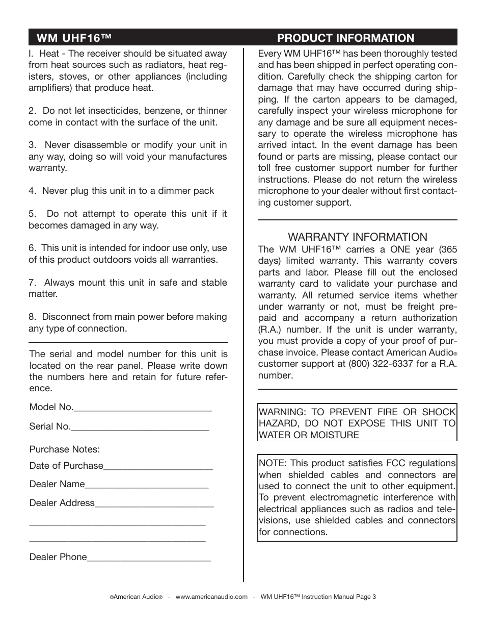 Warranty information, Wm uhf16™ product information | American Audio WM-UHF16 User Manual | Page 3 / 9