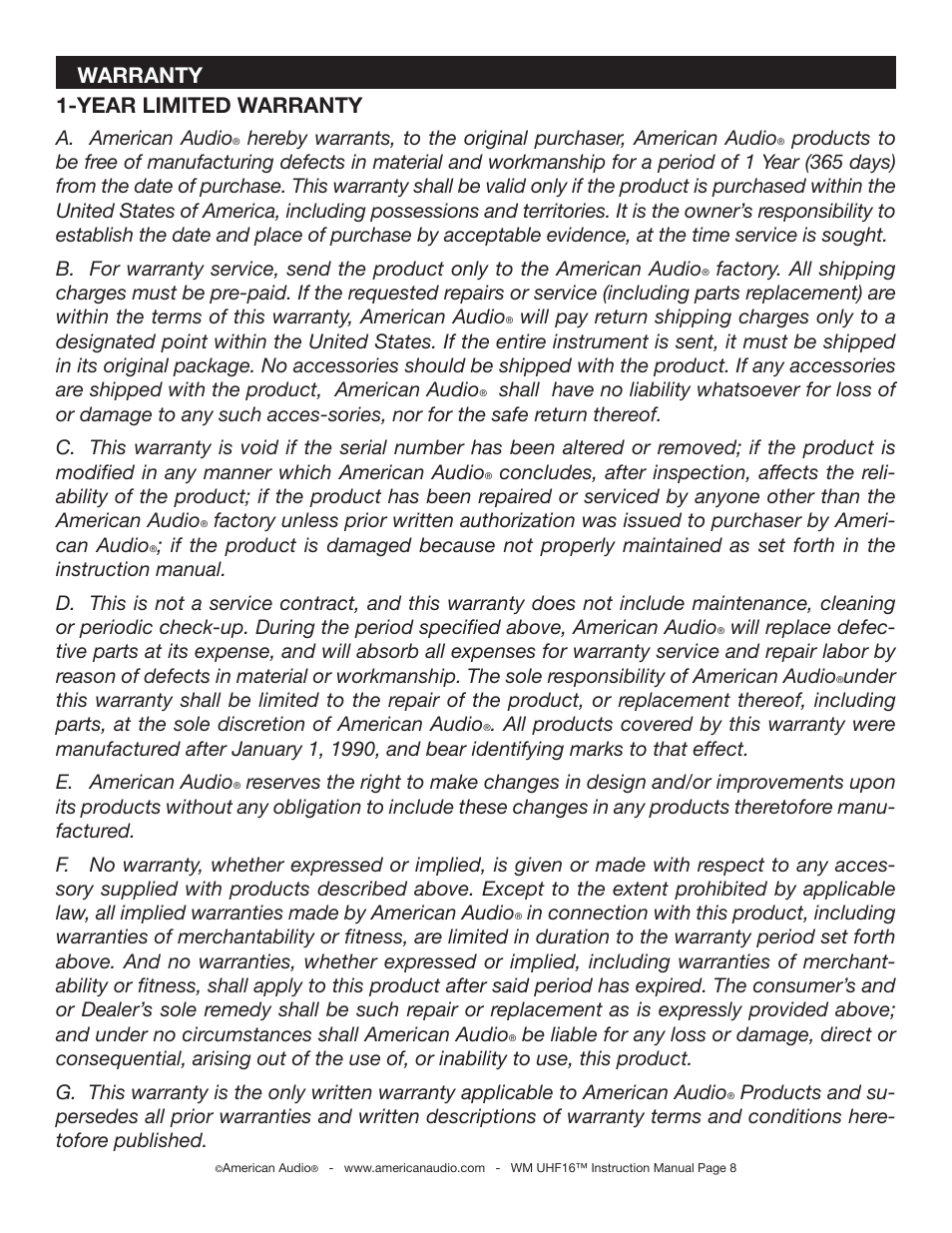 Year limited warranty, Warranty, A. american audio | American Audio WM-UHF16 User Manual | Page 8 / 9