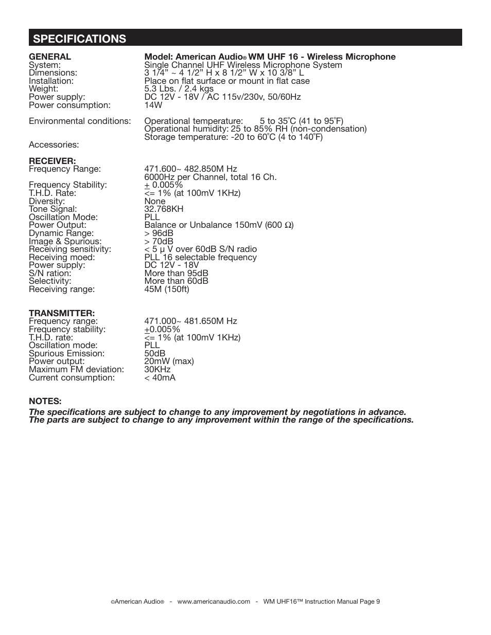 Specifications | American Audio WM-UHF16 User Manual | Page 9 / 9