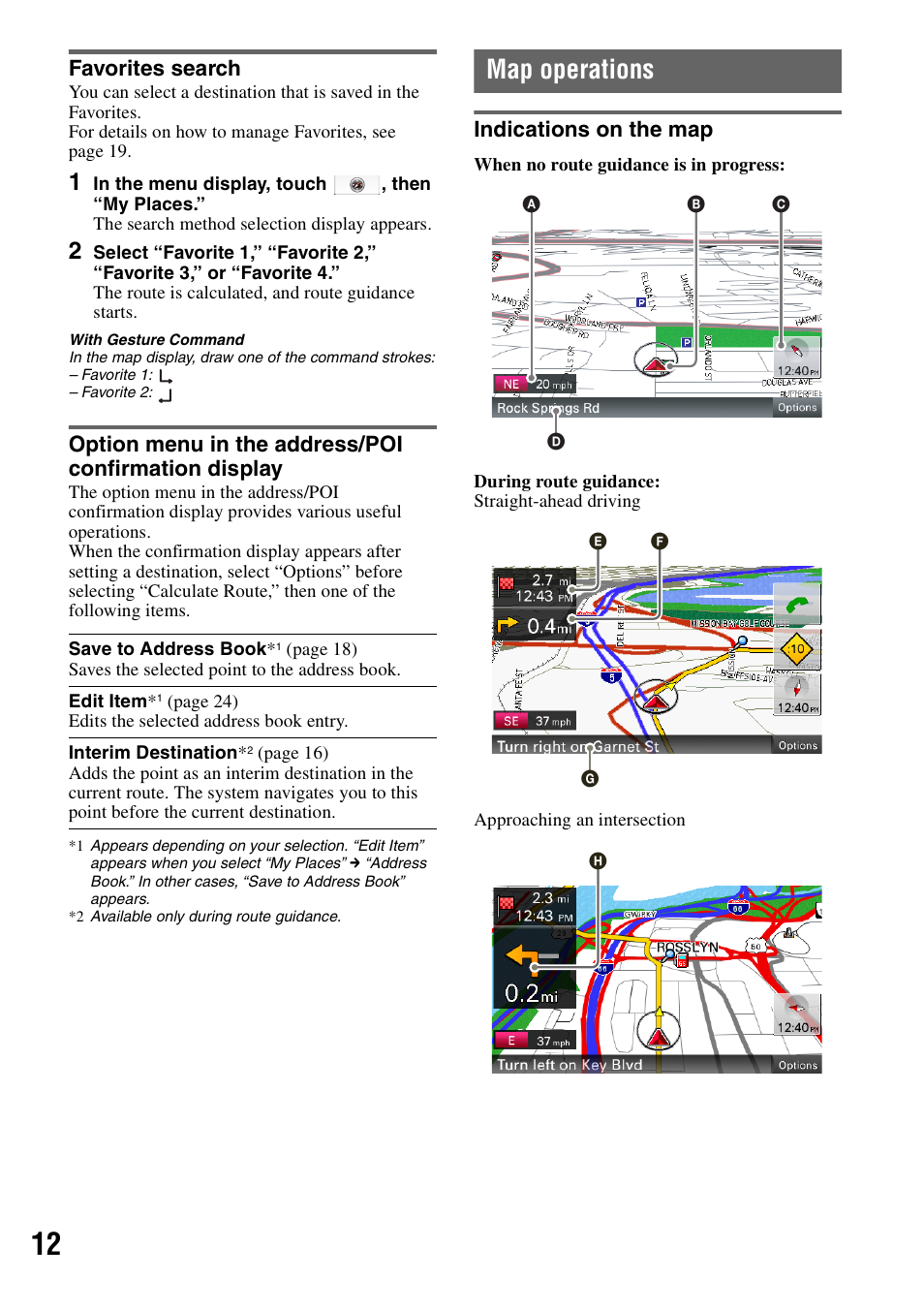 Favorites search, Map operations, Indications on the map | Sony NV-U83T User Manual | Page 12 / 31