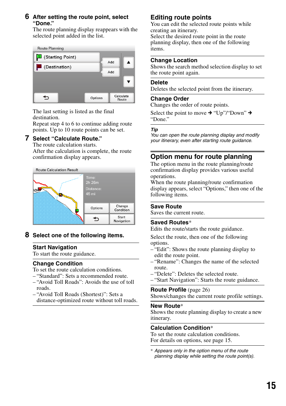 Option menu for route planning | Sony NV-U83T User Manual | Page 15 / 31