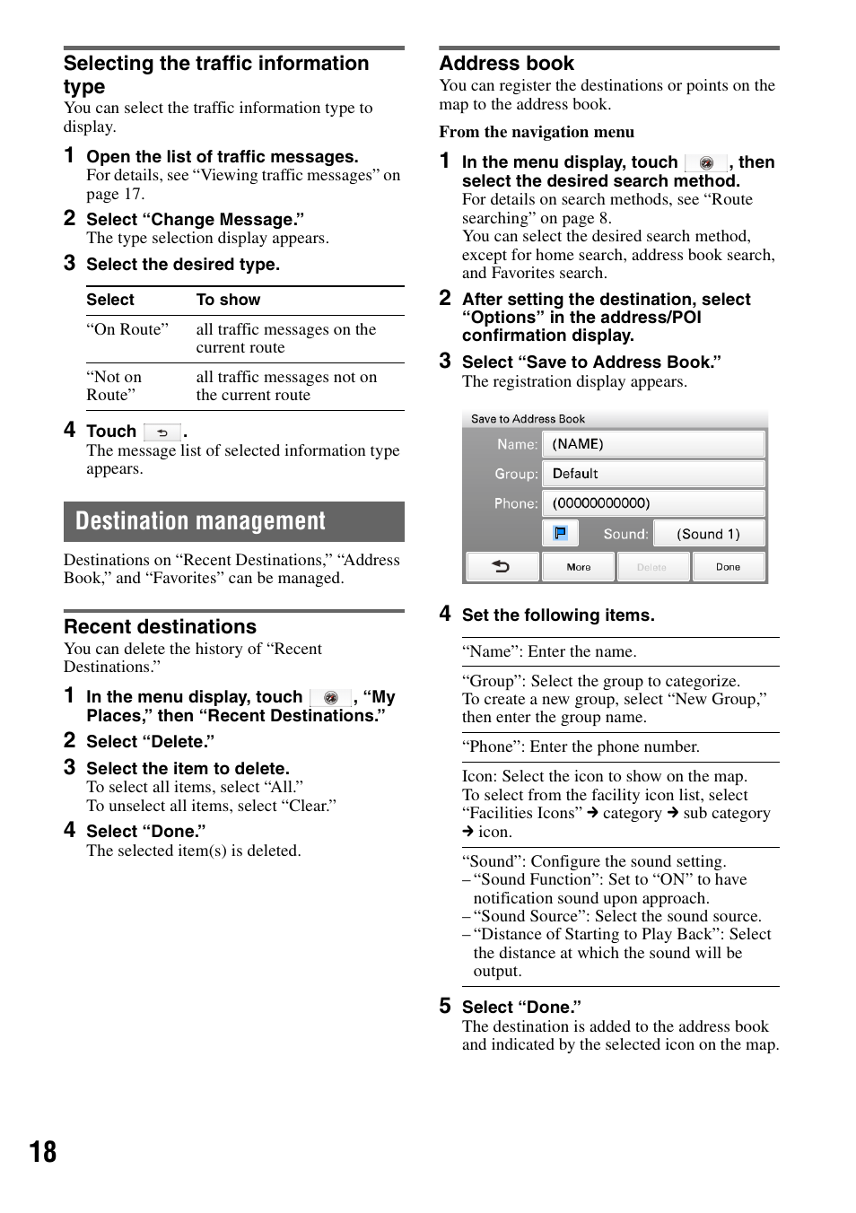 Selecting the traffic information type, Destination management, Recent destinations | Address book, Recent destinations address book | Sony NV-U83T User Manual | Page 18 / 31