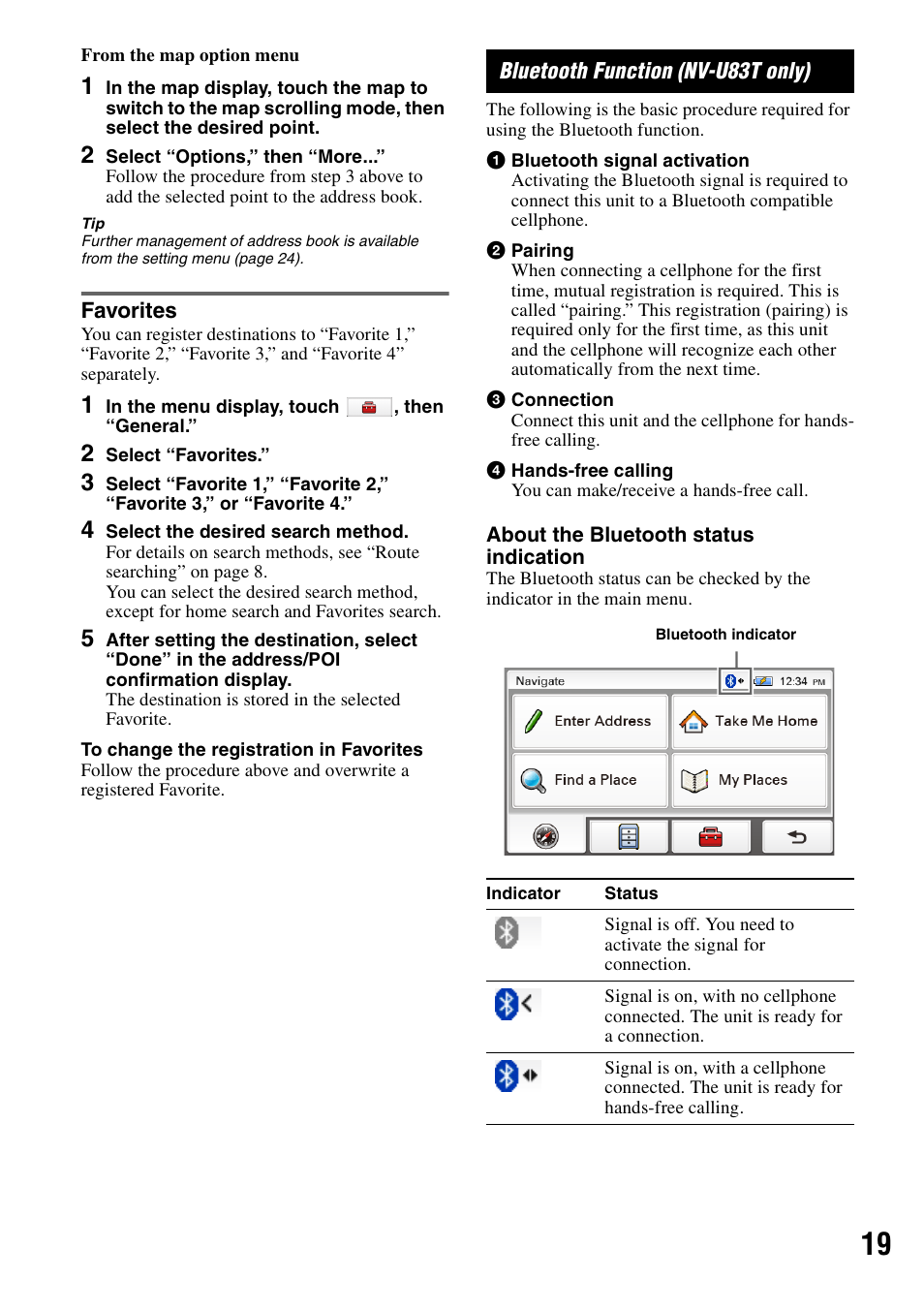 Favorites, Bluetooth function (nv-u83t only) | Sony NV-U83T User Manual | Page 19 / 31