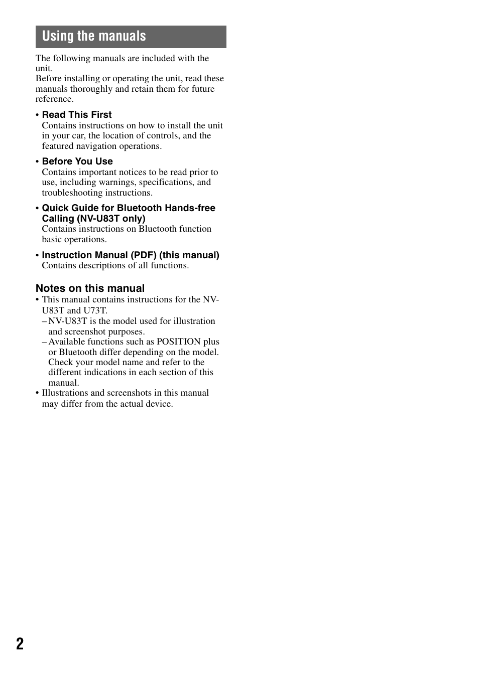Using the manuals | Sony NV-U83T User Manual | Page 2 / 31