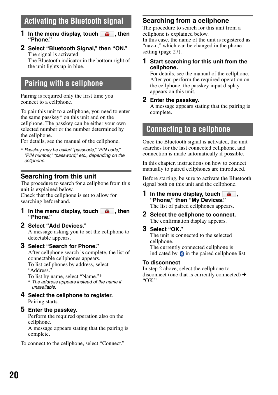 Activating the bluetooth signal, Pairing with a cellphone, Searching from this unit | Searching from a cellphone, Connecting to a cellphone | Sony NV-U83T User Manual | Page 20 / 31