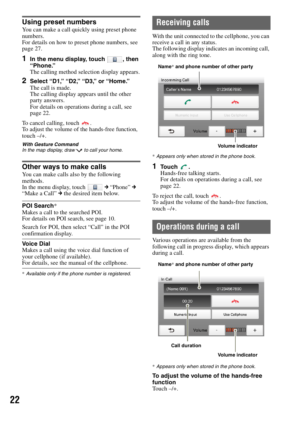 Using preset numbers, Other ways to make calls, Receiving calls | Operations during a call, Using preset numbers other ways to make calls | Sony NV-U83T User Manual | Page 22 / 31