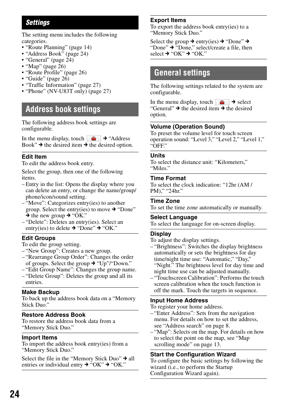 Settings, Address book settings, General settings | Sony NV-U83T User Manual | Page 24 / 31