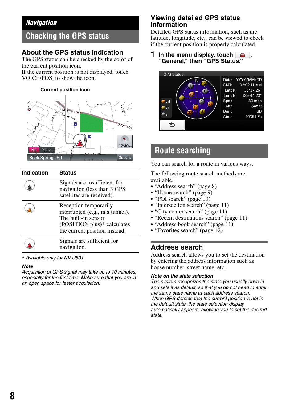 Navigation, Checking the gps status, Route searching | Address search | Sony NV-U83T User Manual | Page 8 / 31