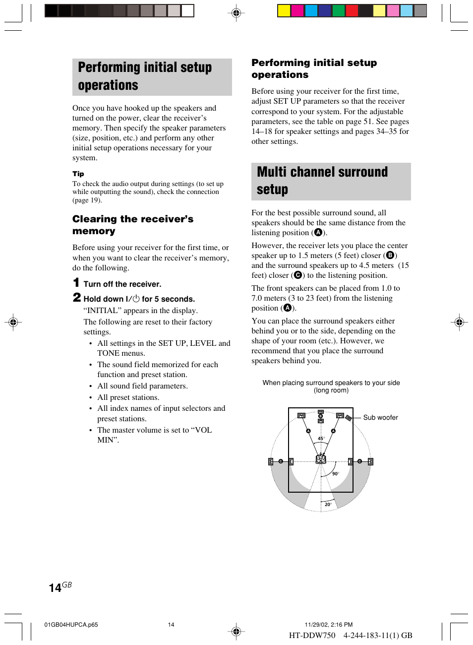 Performing initial setup operations, Multi channel surround setup | Sony HT-DDW750 User Manual | Page 14 / 52