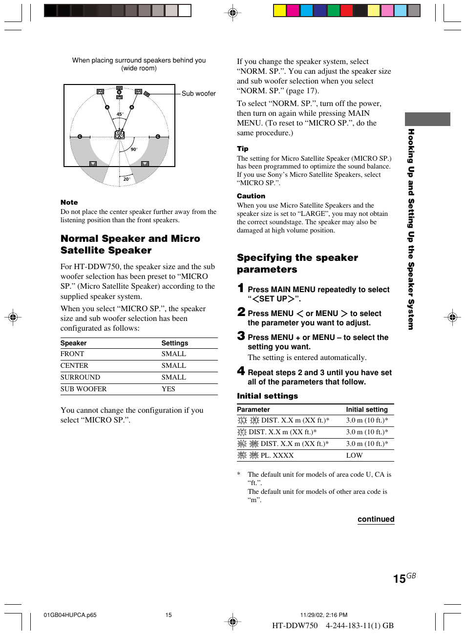 Normal speaker and micro satellite speaker, Specifying the speaker parameters | Sony HT-DDW750 User Manual | Page 15 / 52