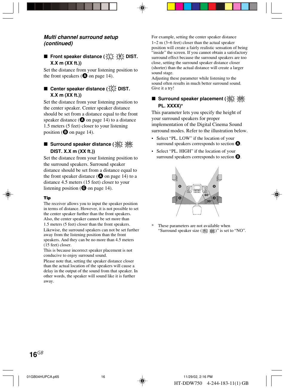 Multi channel surround setup (continued) | Sony HT-DDW750 User Manual | Page 16 / 52