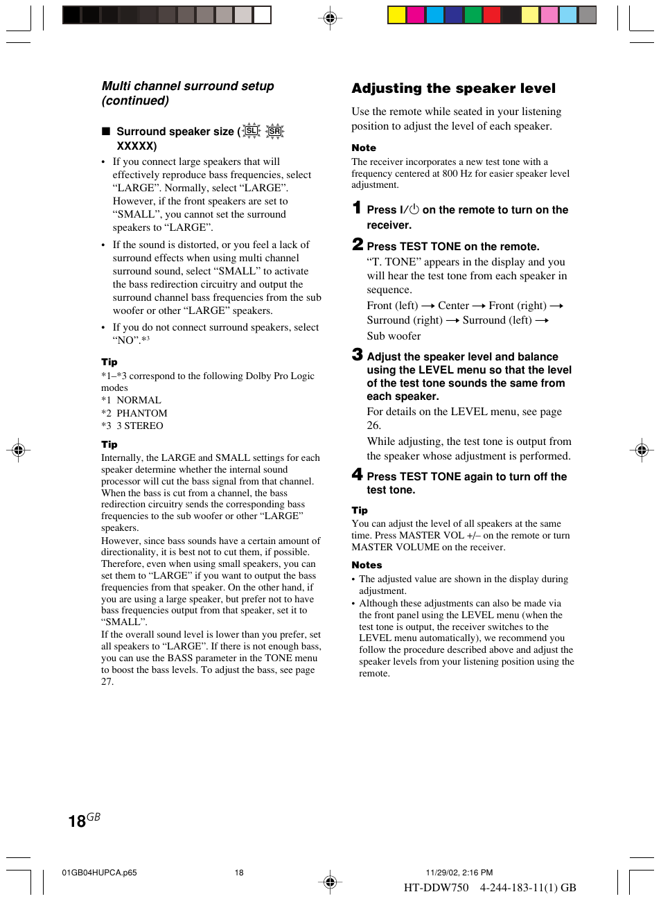 Adjusting the speaker level | Sony HT-DDW750 User Manual | Page 18 / 52