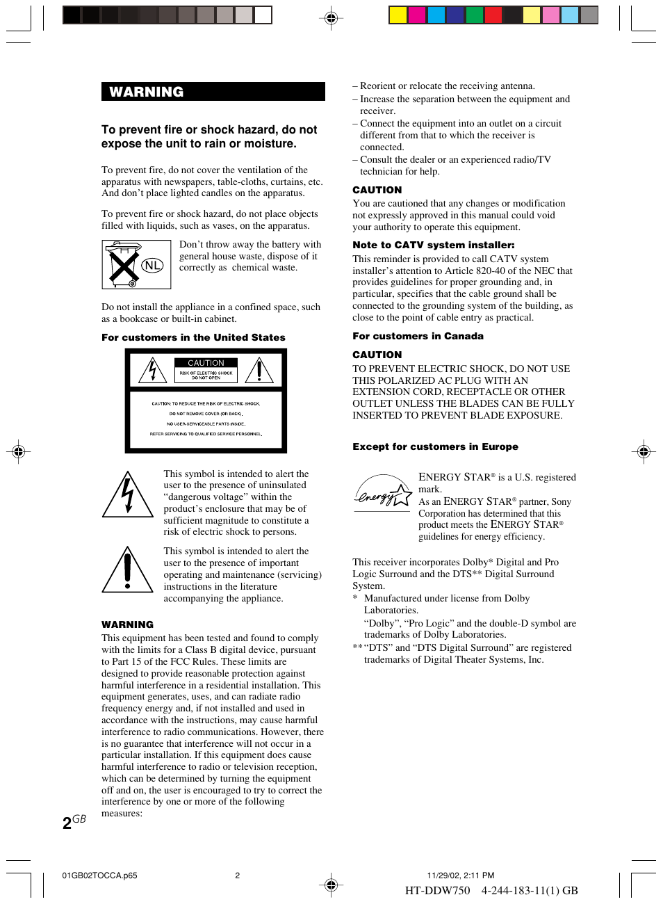 Warning | Sony HT-DDW750 User Manual | Page 2 / 52