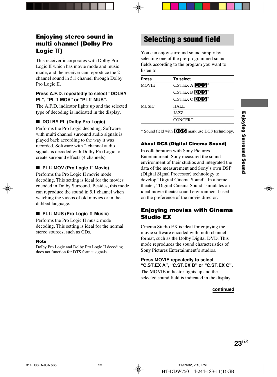 Selecting a sound field, Enjoying movies with cinema studio ex | Sony HT-DDW750 User Manual | Page 23 / 52