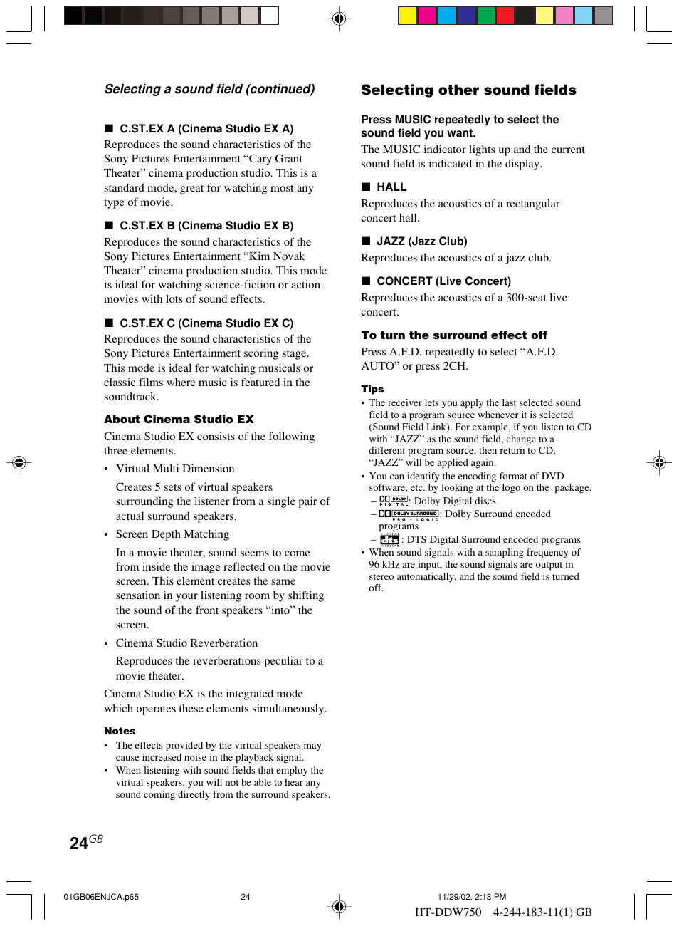 Selecting other sound fields | Sony HT-DDW750 User Manual | Page 24 / 52