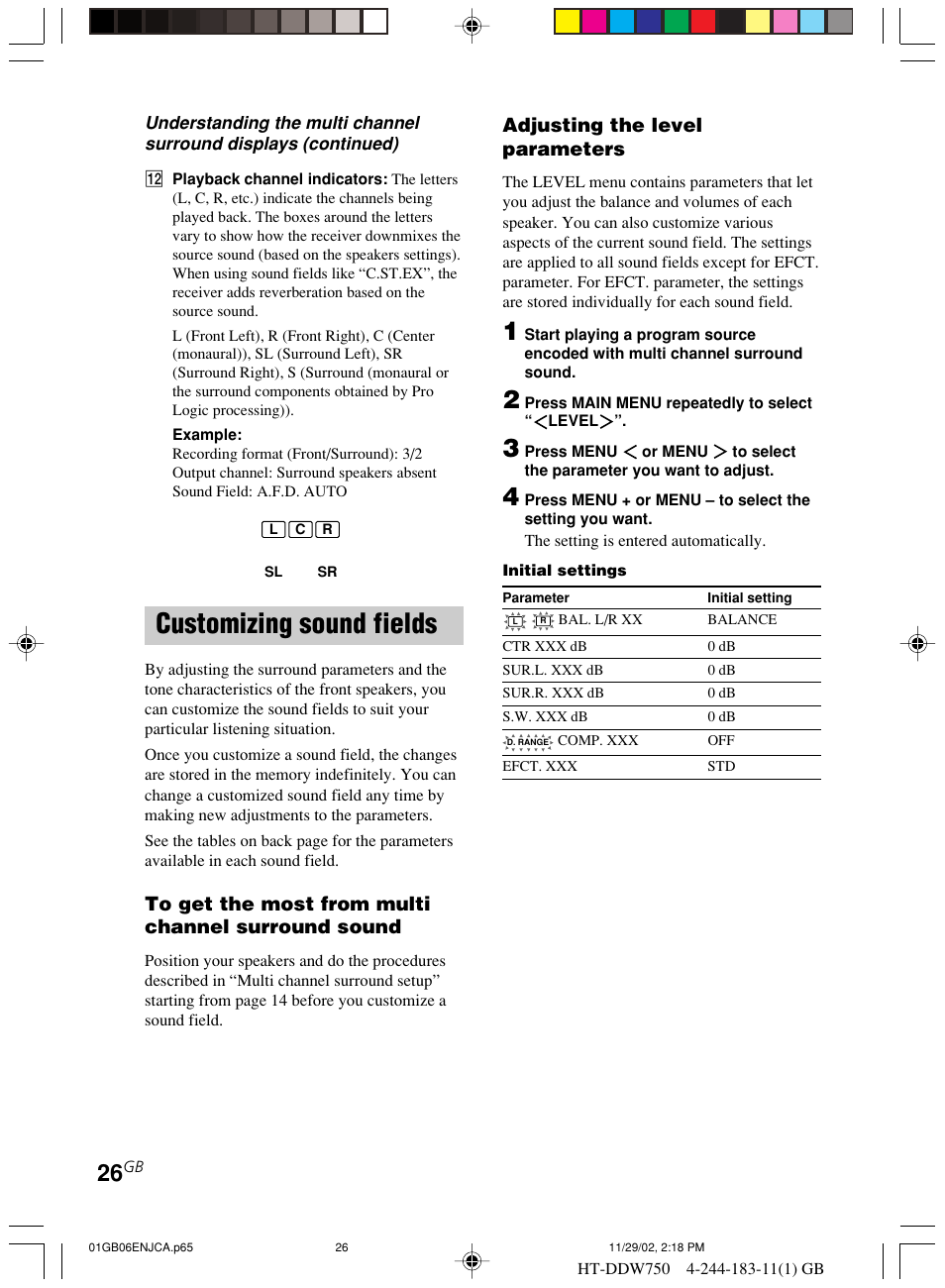 Customizing sound fields, Adjusting the level parameters | Sony HT-DDW750 User Manual | Page 26 / 52
