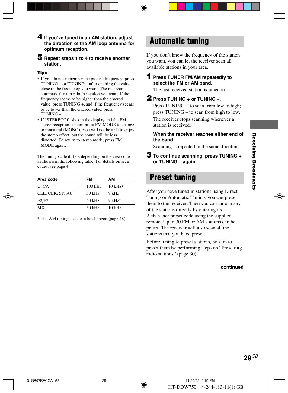 Automatic tuning, Preset tuning | Sony HT-DDW750 User Manual | Page 29 / 52