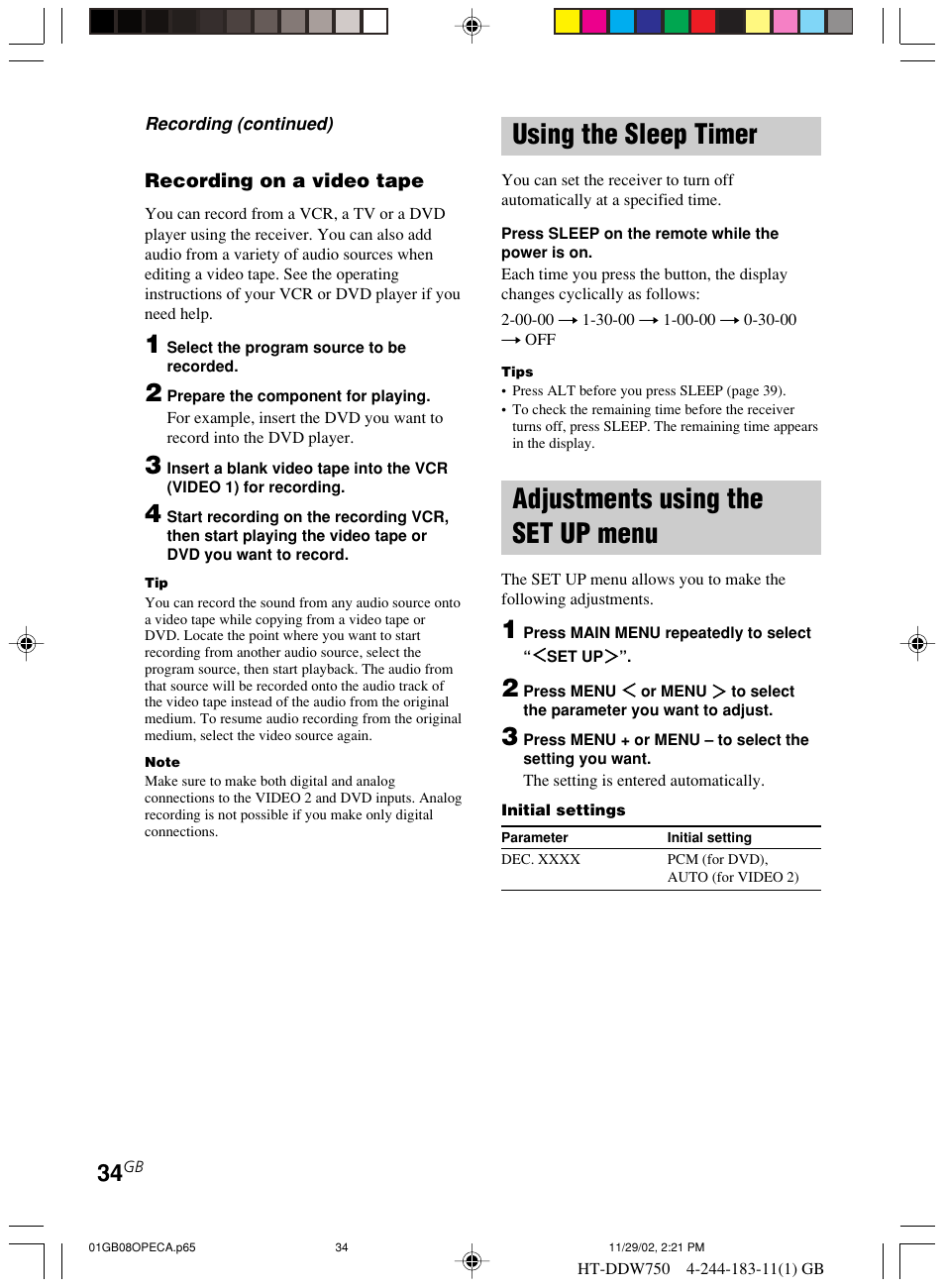 Using the sleep timer, Adjustments using the set up, Menu | Adjustments using the set up menu | Sony HT-DDW750 User Manual | Page 34 / 52